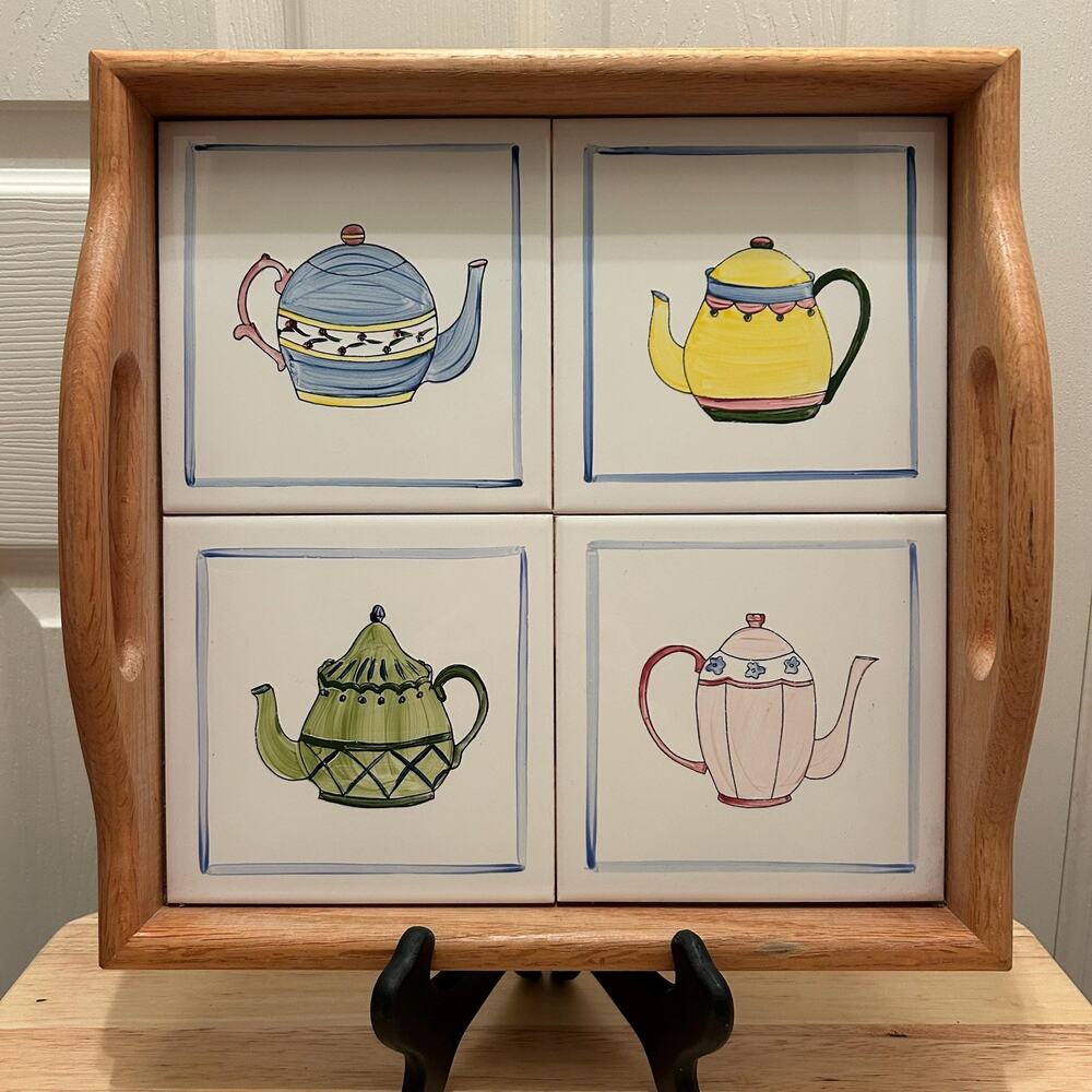 Vintage Hand-Painted Teapot Ceramic Tile Tray — Wooden Serving Tray